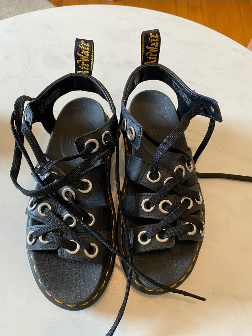 Dr. Martens Black Lace-Up Kids Sandals with Yellow Stitching
